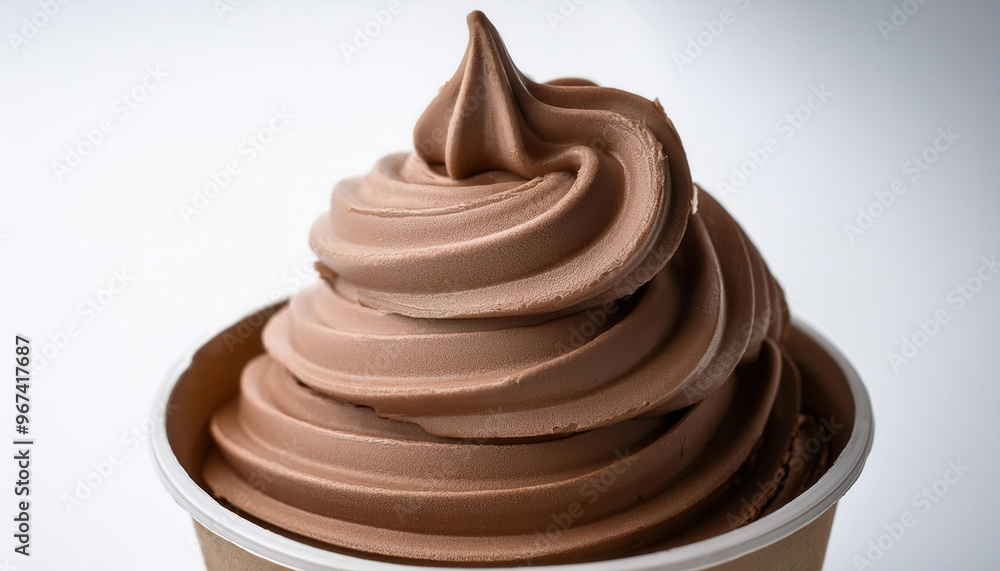 A scoop of chocolate ice cream in a white cup