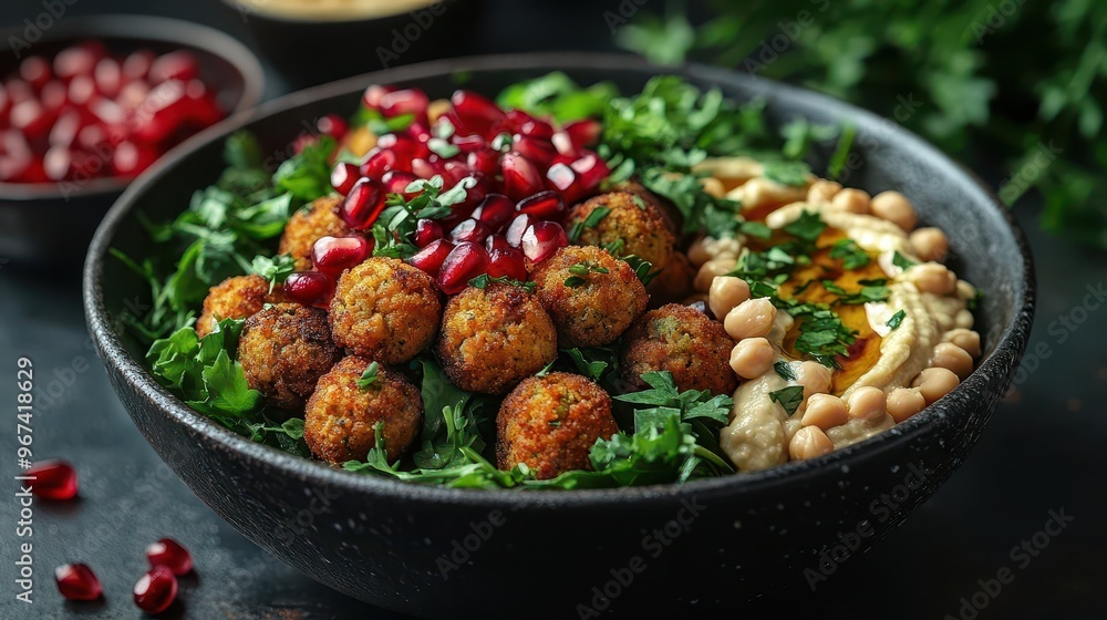 vibrant mediterraneaninspired bowl falafel spheres nestled in fresh greens creamy tahini drizzle alongside golden hummus swirls garnished with pomegranate seeds and herbs vibrant mediterraneaninspired bowl falafel spheres nestled in fresh greens creamy tahini drizzle alongside golden hummus swirls garnished with pomegranate seeds and herbs