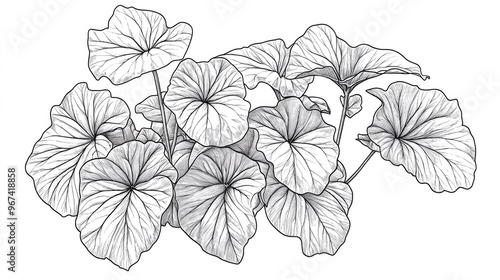 Line art illustration of Begonia Kathyana featuring numerous branches and compact leaves The leaves are large and elongated presented in a vintage drawing or engraving style