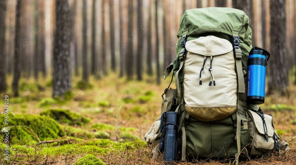 A khaki military backpack rests on a rock in a tranquil forest, accompanied by a blue flashlight and a vibrant yellow patch on the front pocket, showcasing nature's beauty A khaki military backpack rests on a rock in a tranquil forest, accompanied by a blue flashlight and a vibrant yellow patch on the front pocket, showcasing nature's beauty