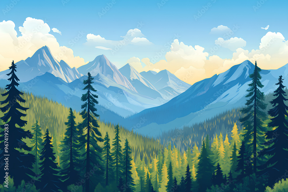 A serene mountain landscape with lush forests and distant peaks under a blue sky. A serene mountain landscape with lush forests and distant peaks under a blue sky.