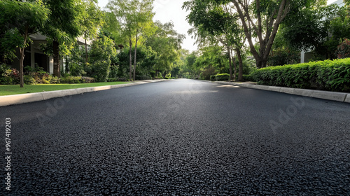 Newly paved asphalt road in a residential neighborhood lined with lush green trees and bushes on both sides, providing a serene and inviting atmosphere.