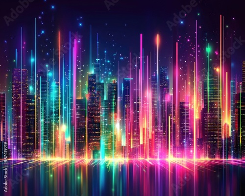 Abstract line art illustration featuring a vibrant wallpaper of light effects resembling fireworks against a cityscape showcasing colorful glowing neon lines for a striking artistic impact