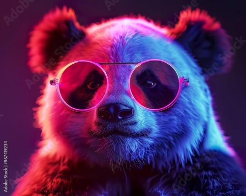 Un panda portant des lunettes de soleil réfléchissantes avec des tourbillons de rose néon ultraviolet photo