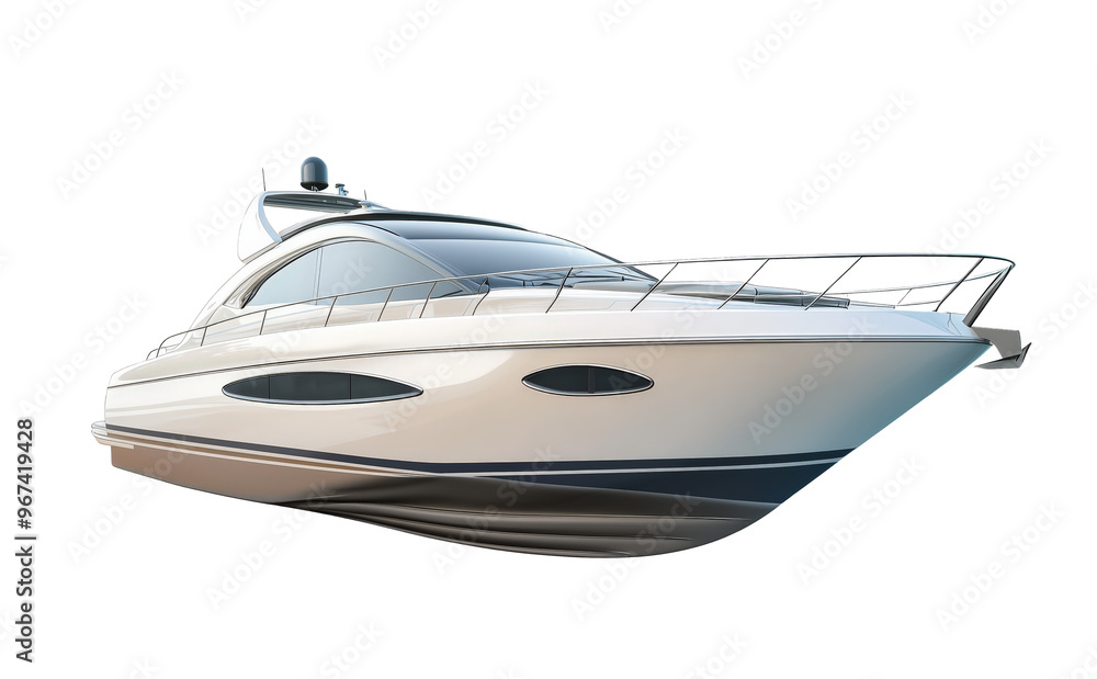 A pristine, modern boat gracefully floating against a bright white background A pristine, modern boat gracefully floating against a bright white background