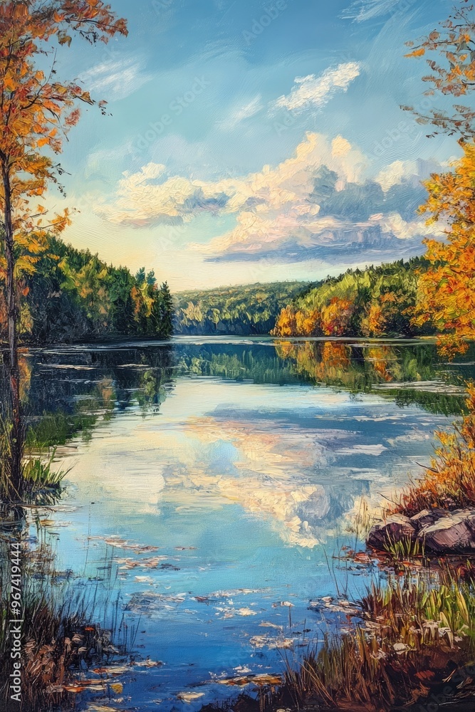 Fototapeta premium Stunning oil painting of a serene lake landscape capturing the beauty of nature s reflections and vibrant colors
