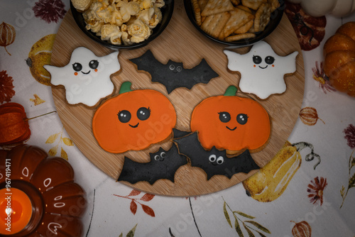 Beautifully decorated Halloween cookies in pumpkin, ghost, and bat shapes, with eerie decorations and warm lighting. photo