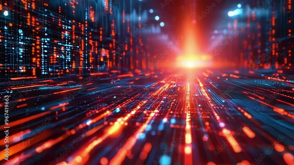 Abstract digital information flowing on a futuristic grid, creating a sense of depth and perspective, suggesting a bright future for technology Abstract digital information flowing on a futuristic grid, creating a sense of depth and perspective, suggesting a bright future for technology