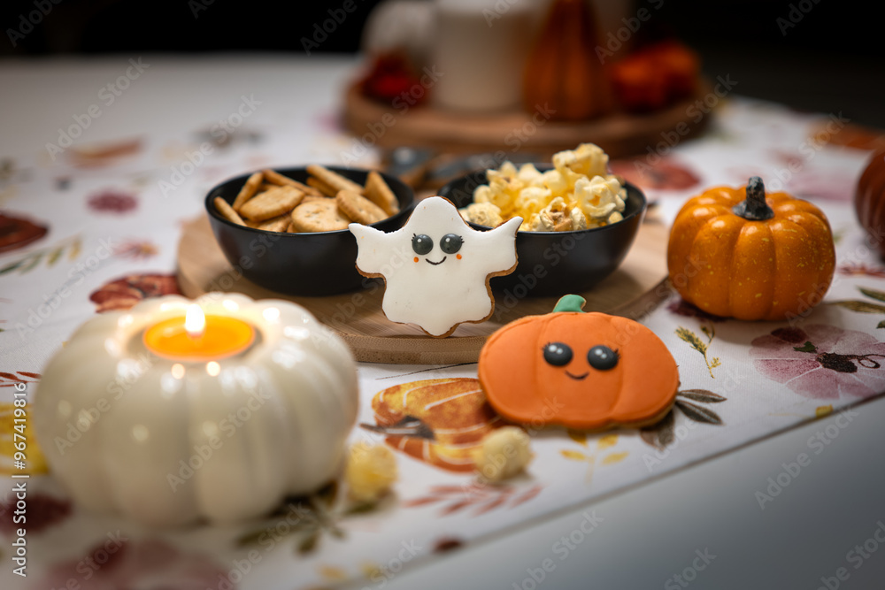 Spooky Halloween cookies in the shapes of pumpkins, ghosts, and bats. Beautifully decorated and irresistibly delicious with a warm, eerie glow. Spooky Halloween cookies in the shapes of pumpkins, ghosts, and bats. Beautifully decorated and irresistibly delicious with a warm, eerie glow.