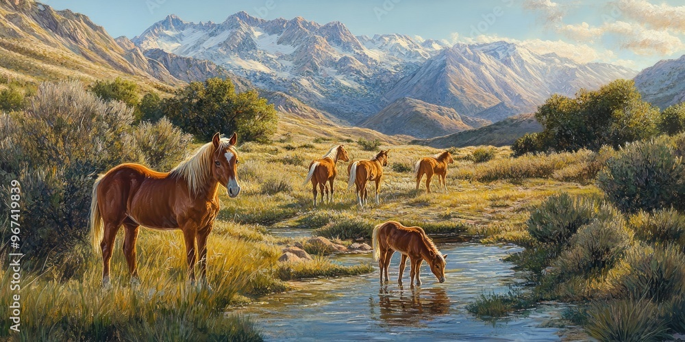 custom made wallpaper toronto digitalOil painting depicting foals in their natural habitat showcasing wildlife in a mountainous landscape