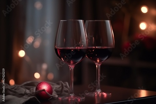 Valentines day room decoration and two glasses of red wine with bokeh blur background