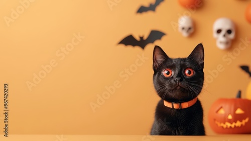 Cat dressed as a vampire, with red eyes and a spooky collar, surrounded by Halloween decor like hanging bats, skulls, and glowing jack-o'-lanterns photo