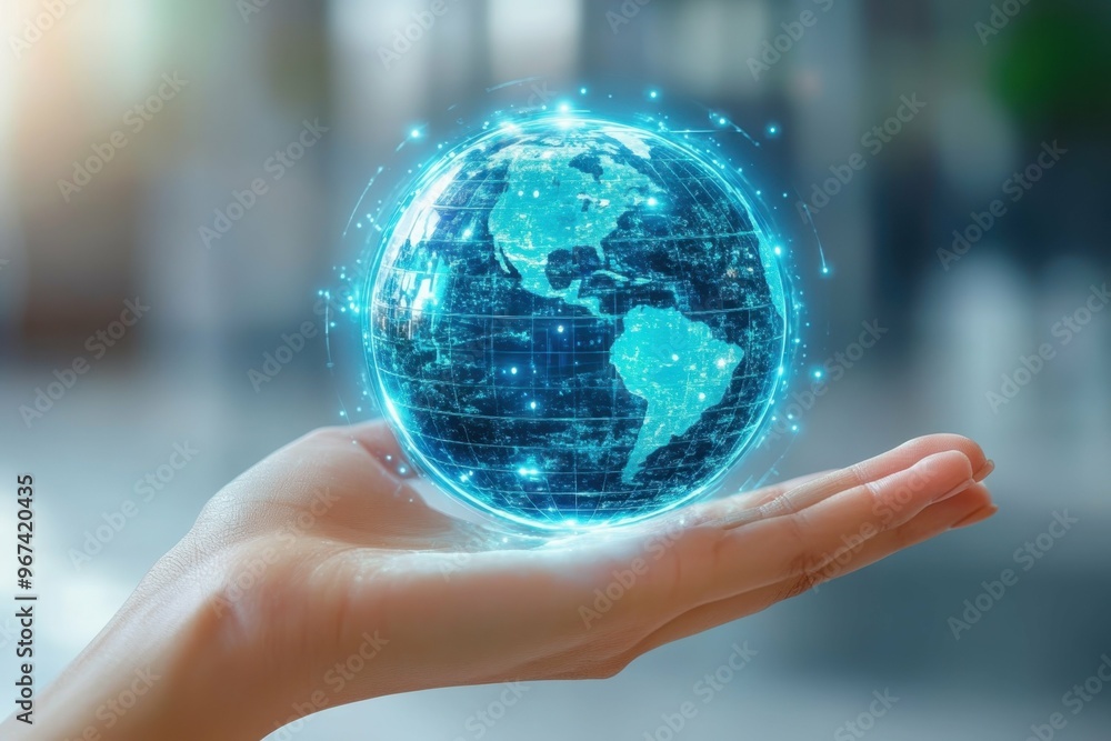 A hand holding a hologram of a globe where the continents are visibly shrinking due to rising sea levels. A hand holding a hologram of a globe where the continents are visibly shrinking due to rising sea levels.