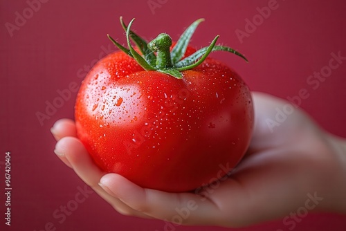 vibrant red tomato held against a crimson background celebrating the essence of tomato festivals closeup shot emphasizes texture and color perfect for event promotions photo