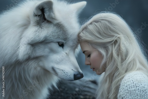 Blonde woman, white tamed wolf connecting special bond between human and wild animal. Strong connection. Beauty and beast.