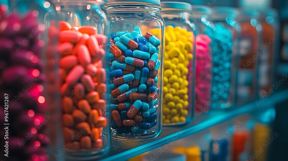 Colorful Pills in Glass Jars on a Shelf Colorful Pills in Glass Jars on a Shelf