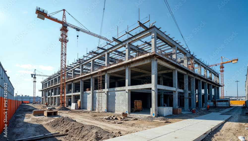 A near-complete factory building with final touches being applied, minimal scaffolding, and scattered construction materials.
A near-complete factory building with final touches being applied, minimal scaffolding, and scattered construction materials.