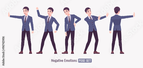 Worried nervous Asian guy, young businessman wearing formal outfit set, standing pose professional portrait. Annoyed millennial upset angry company leader, frustrated employer. Vector illustration