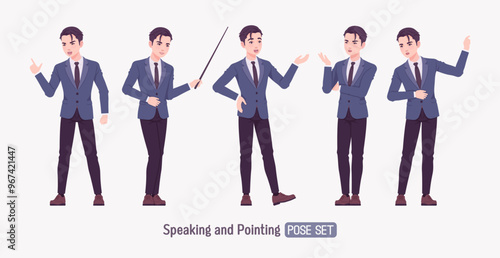 Handsome Asian guy, young businessman presentation, speaker set, presenter consulting, training. Confident serious millennial successful company leader, enthusiastic employer. Vector illustration