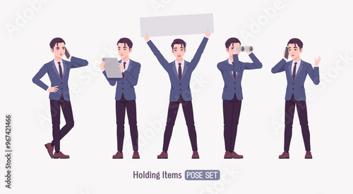 Handsome Asian guy, young businessman active engaged worker set, standing pose professional portrait. Confident serious millennial successful company leader, enthusiastic employer. Vector illustration