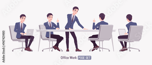Handsome Asian guy, young businessman busy in corporate workspace set. Confident serious millennial successful company leader, enthusiastic employer working in startup workplace. Vector illustration