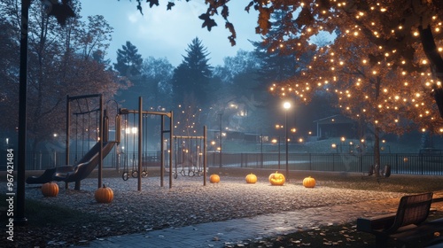 A haunted school playground at night glowing pumpkins scattered around the swings and slides photo