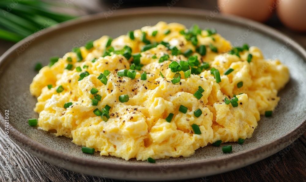 Fluffy Scrambled Eggs Topped With Fresh Chives Served on a Rustic Wooden Table Fluffy Scrambled Eggs Topped With Fresh Chives Served on a Rustic Wooden Table