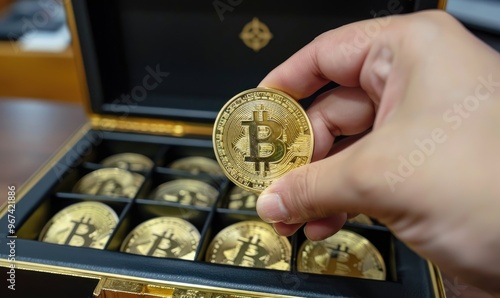 A hand holding a gold Bitcoin coin above an open black case that contains multiple similar Bitcoin coins, indicating cryptocurrency wealth photo