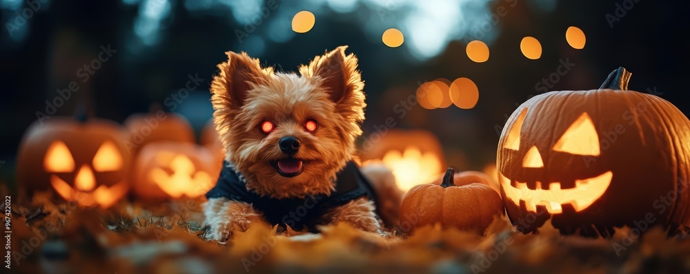 Naklejka premium Small dog in a vampire costume with glowing red eyes, sitting near spooky Halloween accessories like jack-o'-lanterns and haunted house decor
