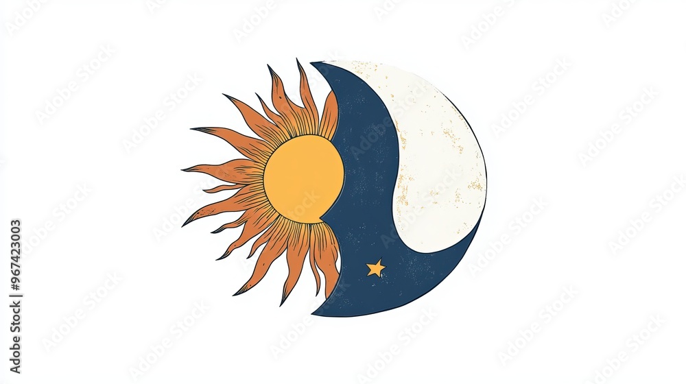 A simple design showing a sun and moon, representing day and night, against a white background. A simple design showing a sun and moon, representing day and night, against a white background.