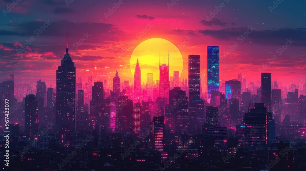 Obraz premium vibrant stylized cityscape at sunset bold geometric shapes form skyscrapers in a palette of neon pinks purples and blues against a golden sky