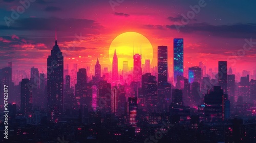 Wallpaper Mural vibrant stylized cityscape at sunset bold geometric shapes form skyscrapers in a palette of neon pinks purples and blues against a golden sky Torontodigital.ca