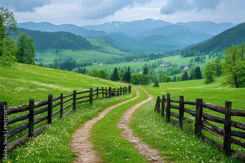 A Tranquil Dirt Path Winding Through Lush Fields and Mountains on a Cloudy Day Near a Village A Tranquil Dirt Path Winding Through Lush Fields and Mountains on a Cloudy Day Near a Village