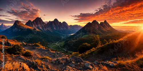 Golden sunset over mountain peaks with tranquil orange skies creating a peaceful atmosphere perfect for relaxation and capturing the calming beauty of nature and the serene mood of a summer evening