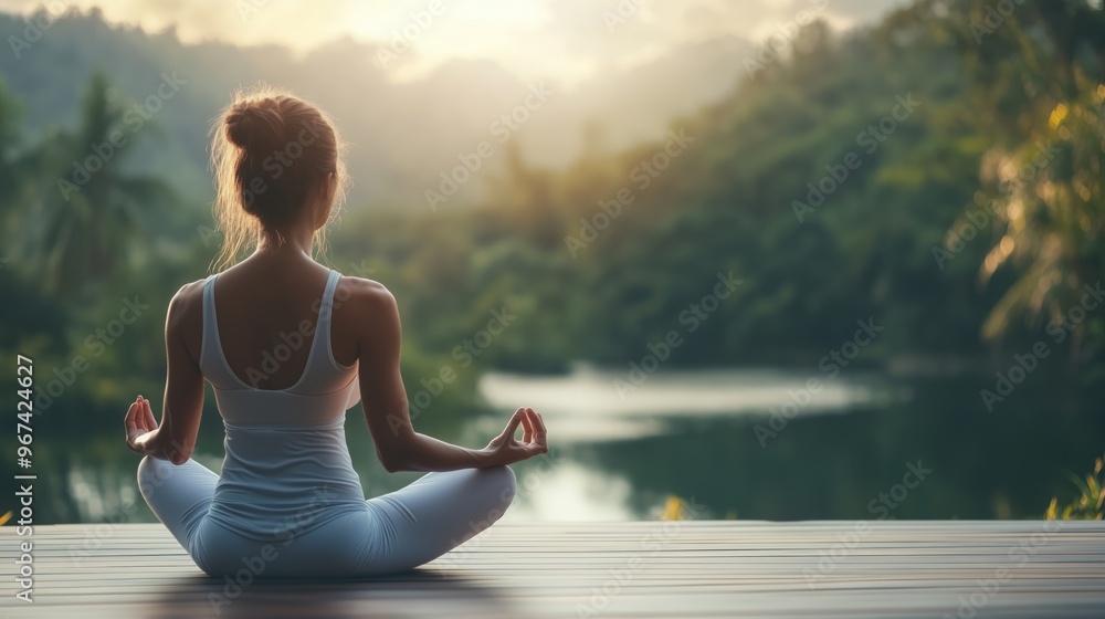 Fototapeta premium Woman practicing meditation by the serene lake surrounded by lush greenery during golden hour in a tranquil setting