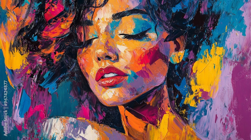 Fototapeta premium A colorful oil painting portrays a stunning woman. The artist used a palette knife to create abstract strokes, adding depth and texture to the artwork.