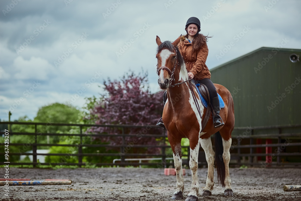 Portrait, horse and child riding on farm for sport, countryside training and equestrian development. Stallion, girl rider and balance for exercise practise, wellness hobby and ranch outdoor of travel Portrait, horse and child riding on farm for sport, countryside training and equestrian development. Stallion, girl rider and balance for exercise practise, wellness hobby and ranch outdoor of travel