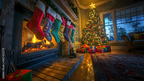 Bright and Charming Living Room with Fireplace, Colorful Stockings, and Glowing Christmas Tree