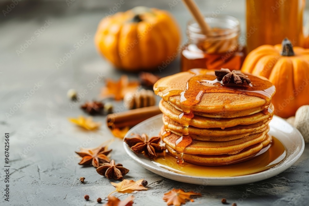 Fluffy spicy pumpkin pancakes with honey and nuts, fresh pumpkins and spices on blue stone background Fluffy spicy pumpkin pancakes with honey and nuts, fresh pumpkins and spices on blue stone background