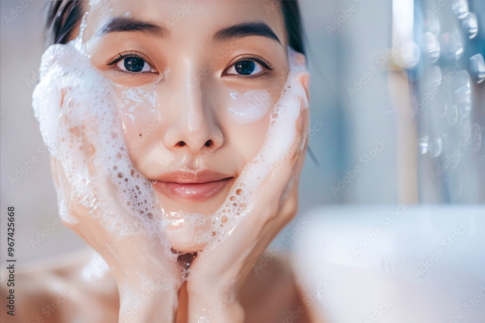 Close-Up of Woman Washing Face with Foaming Cleanser for Skincare Routine Close-Up of Woman Washing Face with Foaming Cleanser for Skincare Routine