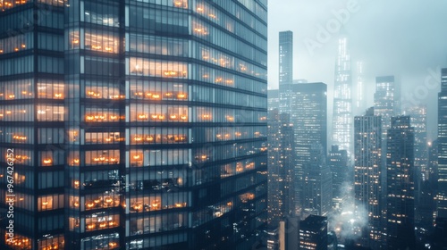 A modern skyscraper with each window displaying glowing pumpkins for Halloween