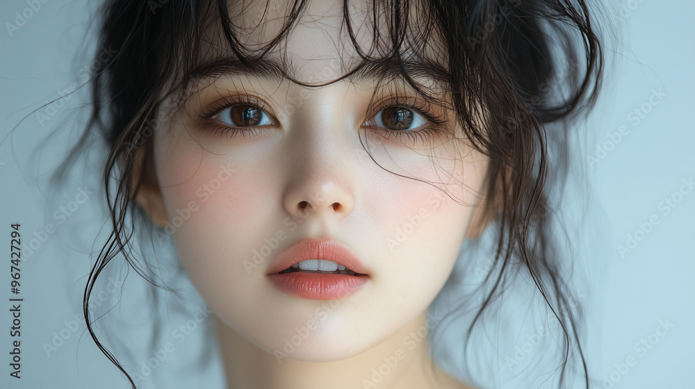 A Korean woman with flowing dark hair and soft features gazes warmly at the camera in a bright, serene setting A Korean woman with flowing dark hair and soft features gazes warmly at the camera in a bright, serene setting
