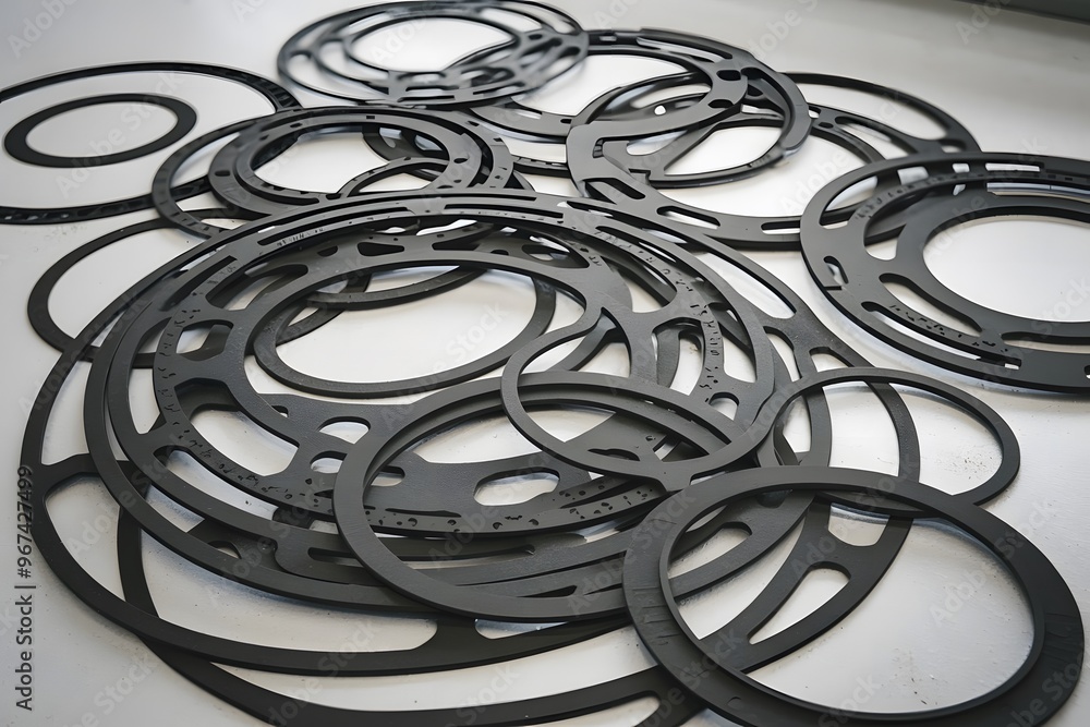 A photo of a stack of black automotive gaskets made of precision rubber, arranged on a white surface. A photo of a stack of black automotive gaskets made of precision rubber, arranged on a white surface.