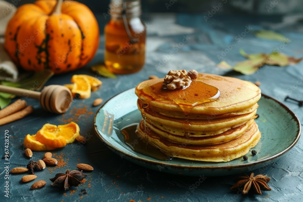 Fluffy spicy pumpkin pancakes with honey and nuts, fresh pumpkins and spices on blue stone background Fluffy spicy pumpkin pancakes with honey and nuts, fresh pumpkins and spices on blue stone background