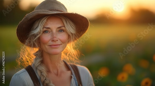 weathered farmer woman portrait rustic wooden fence countryside setting characterrich face overalls attire authentic rural lifestyle golden hour lighting photo