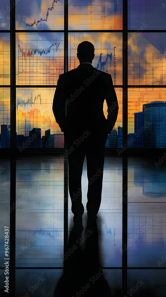 A businessman’s silhouette stands confidently before a panoramic window showing a vibrant sunset and financial graphs reflecting ambition and success A businessman’s silhouette stands confidently before a panoramic window showing a vibrant sunset and financial graphs reflecting ambition and success