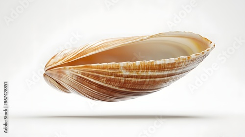 47. **A 3D render of a falling fresh clam, with its smooth shell and inner meat visible against a clean white background