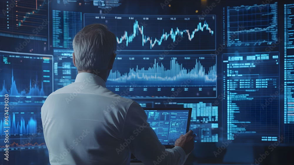 A trader analyzes financial data on multiple screens in a modern office, focusing intently on the graphs and statistics displayed A trader analyzes financial data on multiple screens in a modern office, focusing intently on the graphs and statistics displayed