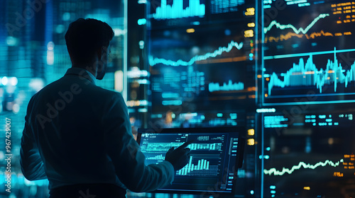 A trader analyzes financial data on multiple screens in a modern office with glowing charts and graphs highlighting market trends and statistics