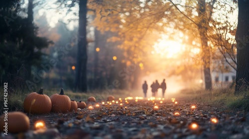 A mystical pumpkin forest growing behind an old school glowing with eerie light photo